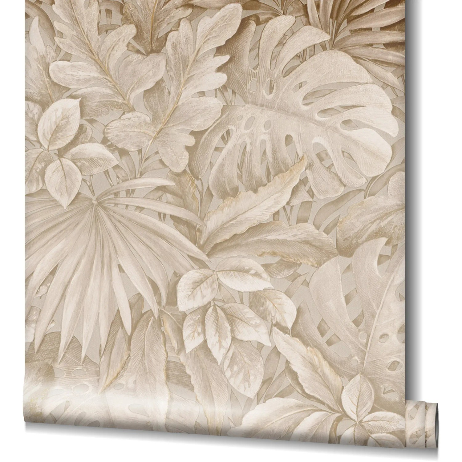 Beige Vliestapete Botanica Floral von Marburg mit Pflanzenmuster für Wohnräume.