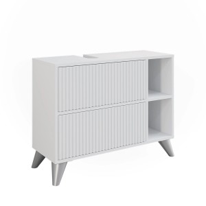 Weißer Vicco Waschbeckenunterschrank Leano (80 cm) mit 2 Schubladen und offenem Regal.