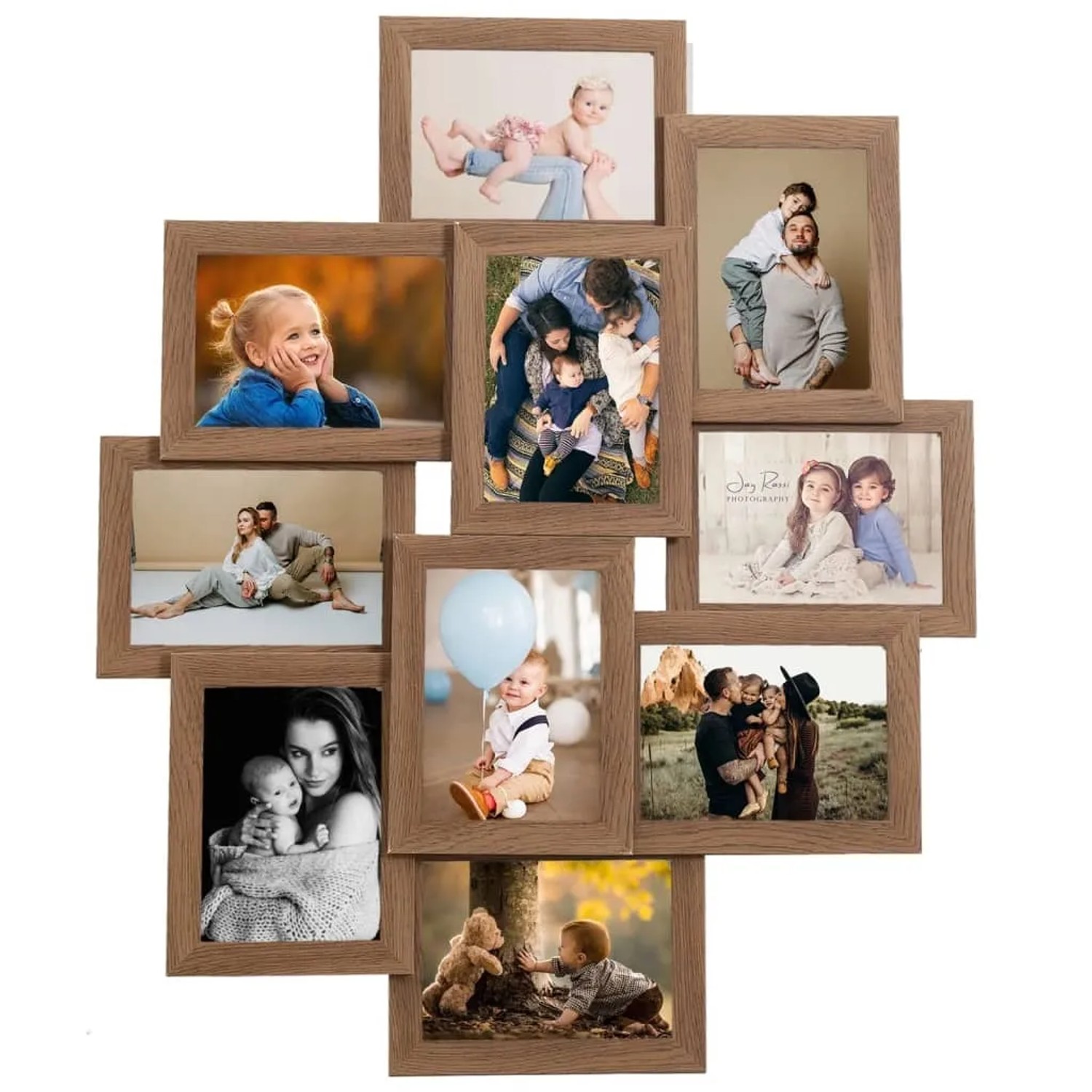 Hellbrauner Collage Bilderrahmen für 10 Fotos (10x15 cm) aus MDF, ideal für Dekoartikel & Wohnaccessoires.