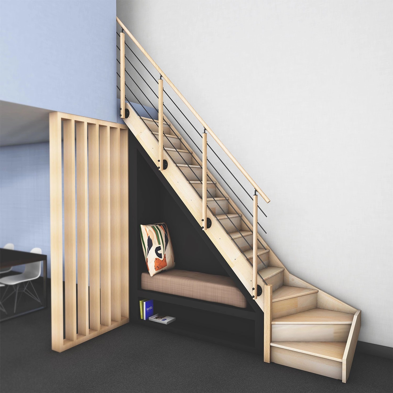 Kordo Buche Nostra Innentreppe, 1/4 gewendelt links, mit Edelstahlgeländer und integrierter Sitzbank.