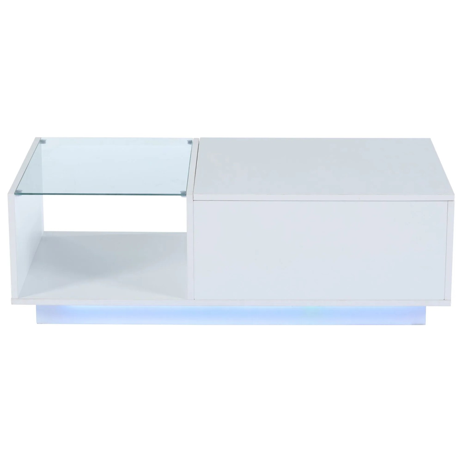 okwish Couchtisch mit LED Höhenverstellbar Stauraum Ablage 50x100x33-46.5cm Hochglanz Weiß