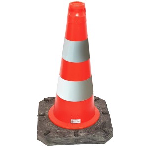 Oranger UvV Bigfoot Leitkegel 50cm mit zwei reflektierenden Streifen auf schwarzem Fuß.