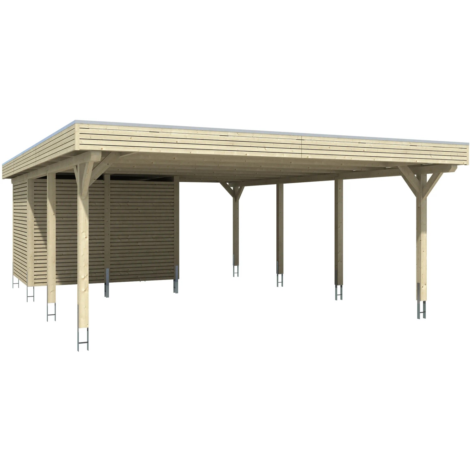 Skan Holz Carport Spessart mit Abstellraum, schiefergraue Holzkonstruktion mit Flachdach.