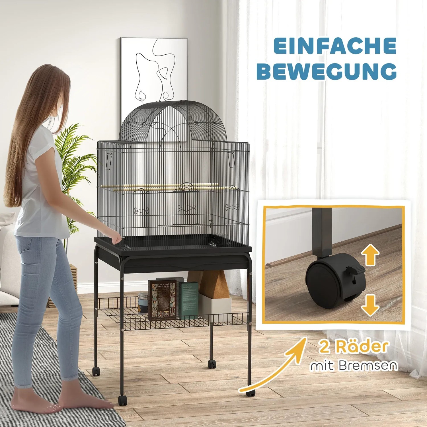Schwarzer PawHut Vogelkäfig aus Stahl mit Rollen und Ablage für Futter.