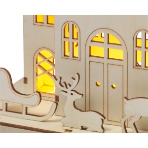 Holz-Szene mit Schlitten, Rentieren und Häusern, beleuchtet mit warmweißen LEDs, Weihnachtsdekoration.