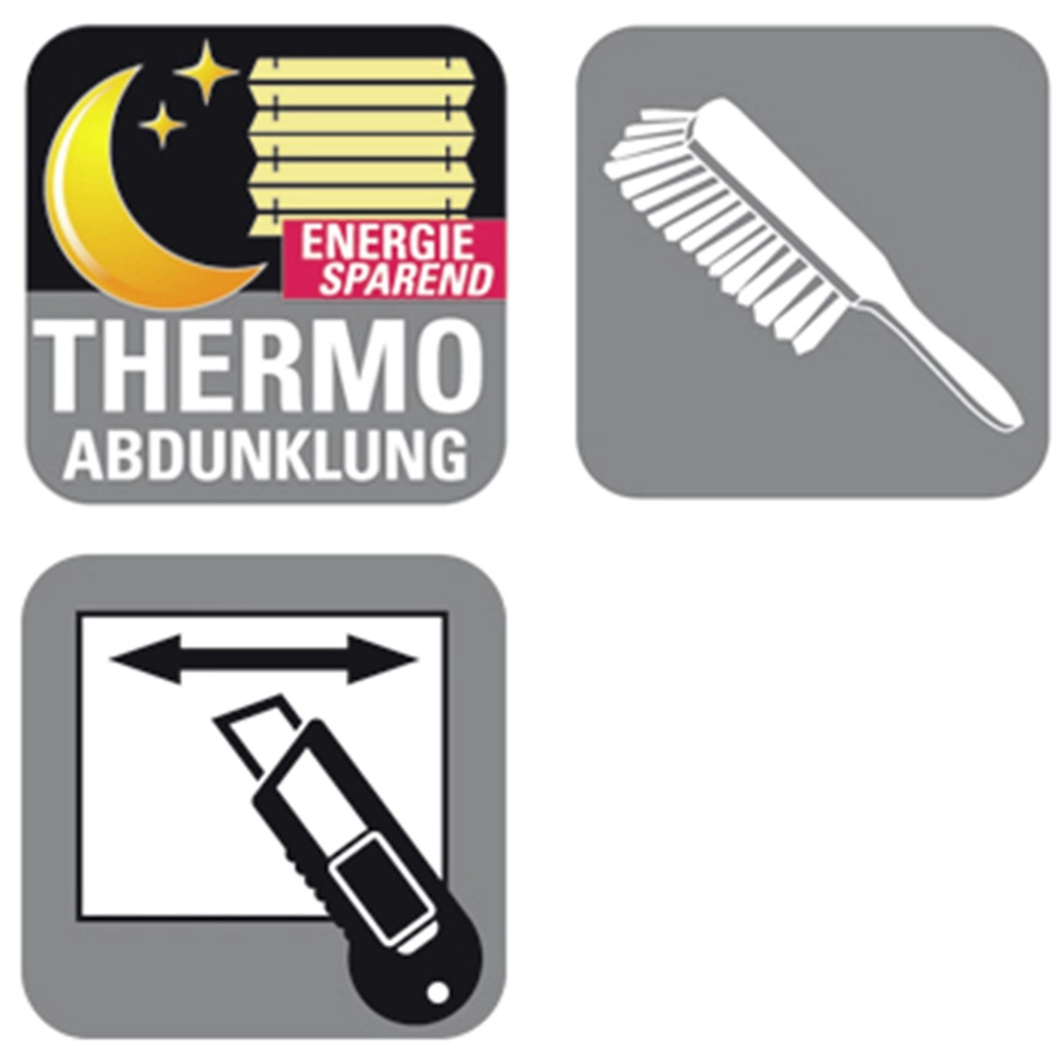 Symbole für Thermo-Plissee: Abdunklung, Energiesparen, Reinigung, Zuschneiden.