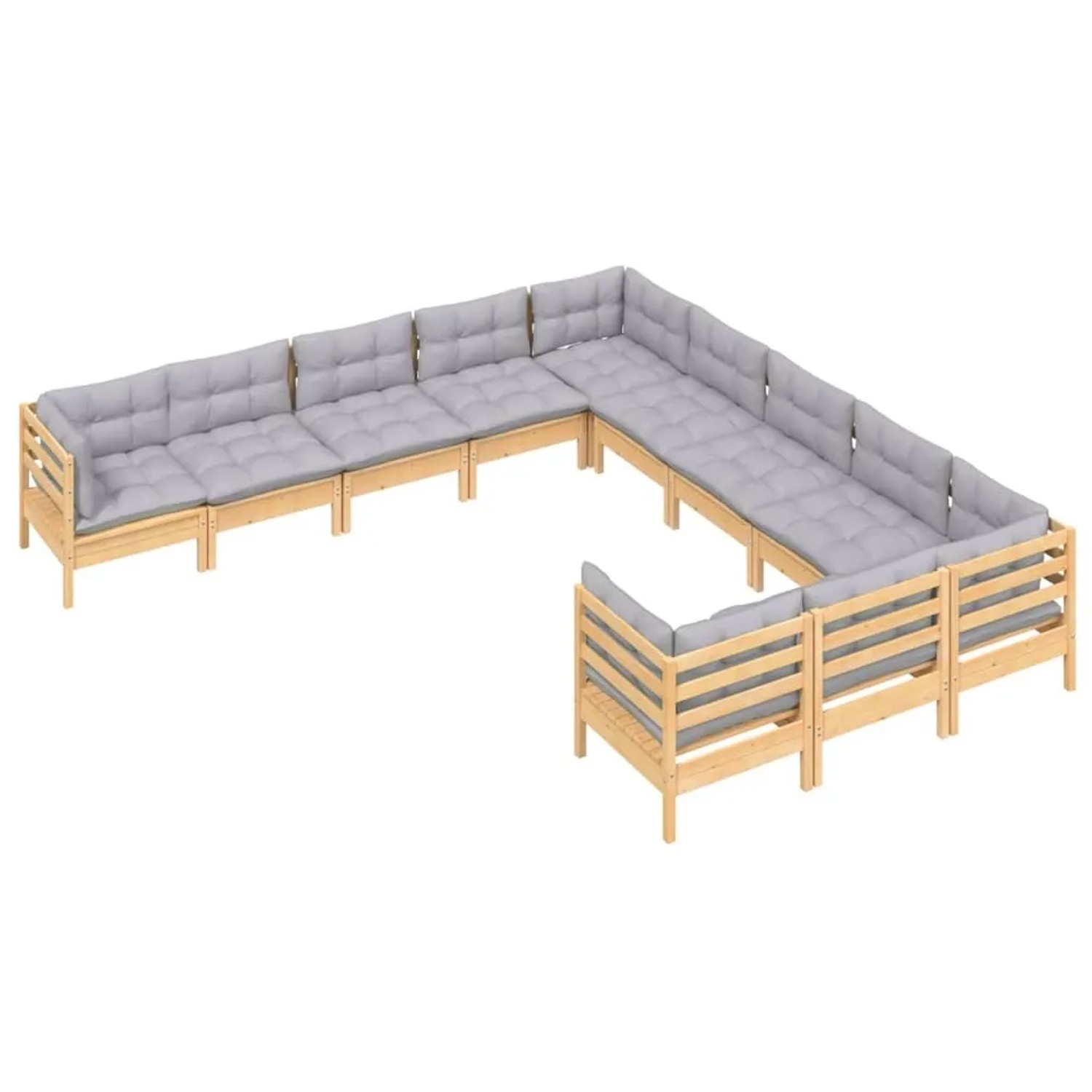 11-teiliges Garten Lounge Set aus Kiefernholz mit grauen Kissen. Gartenmöbel für Terrasse und Garten.