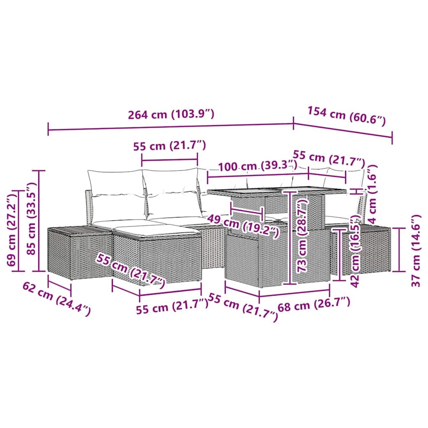 vidaXL Gartenmöbel-Set, 7-teilig, schwarz, Poly Rattan, mit Maßen. Ideal für Terrasse und Garten.