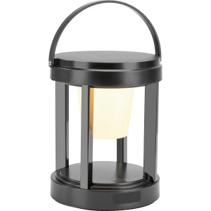 Schwarze Solar-LED-Laterne, rund, Ø 13 cm x 18 cm, mit Tragebügel. Ideal für Garten und Balkon.