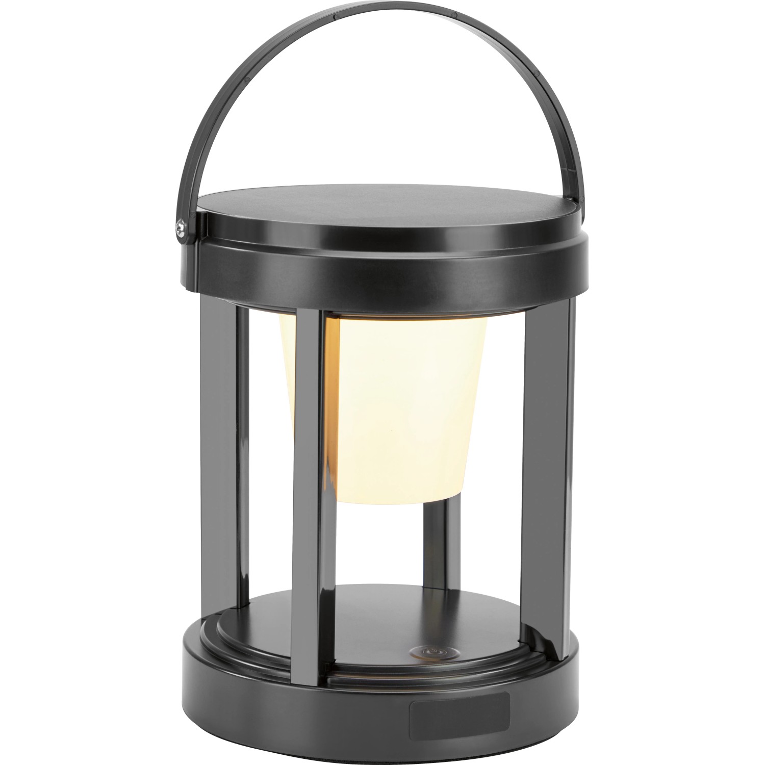 Schwarze Solar-LED-Laterne, rund, Ø 13 cm x 18 cm, mit Tragebügel. Ideal für Garten und Balkon.