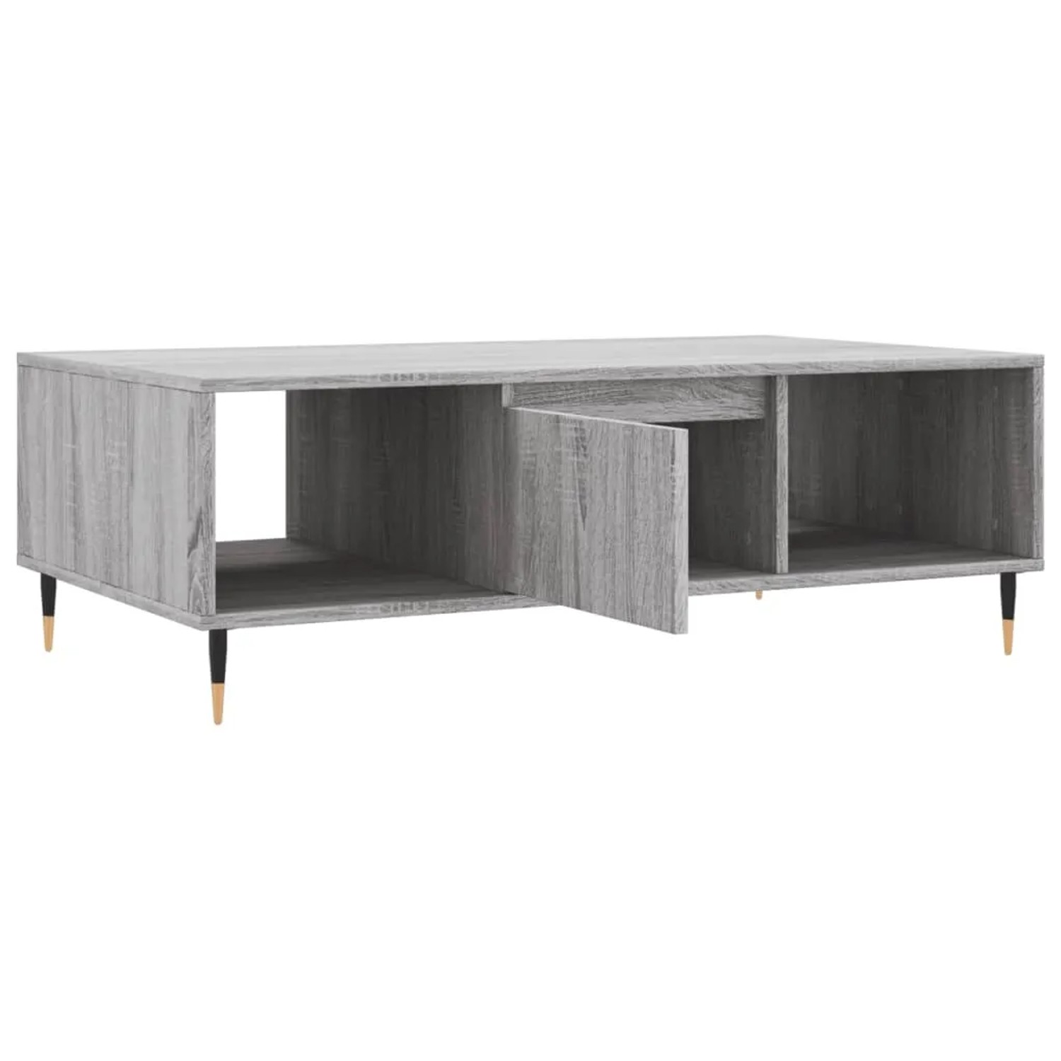 Grauer Couchtisch Sonoma 104x60 cm mit Fächern und Tür, Holzwerkstoff auf schlanken Füßen.