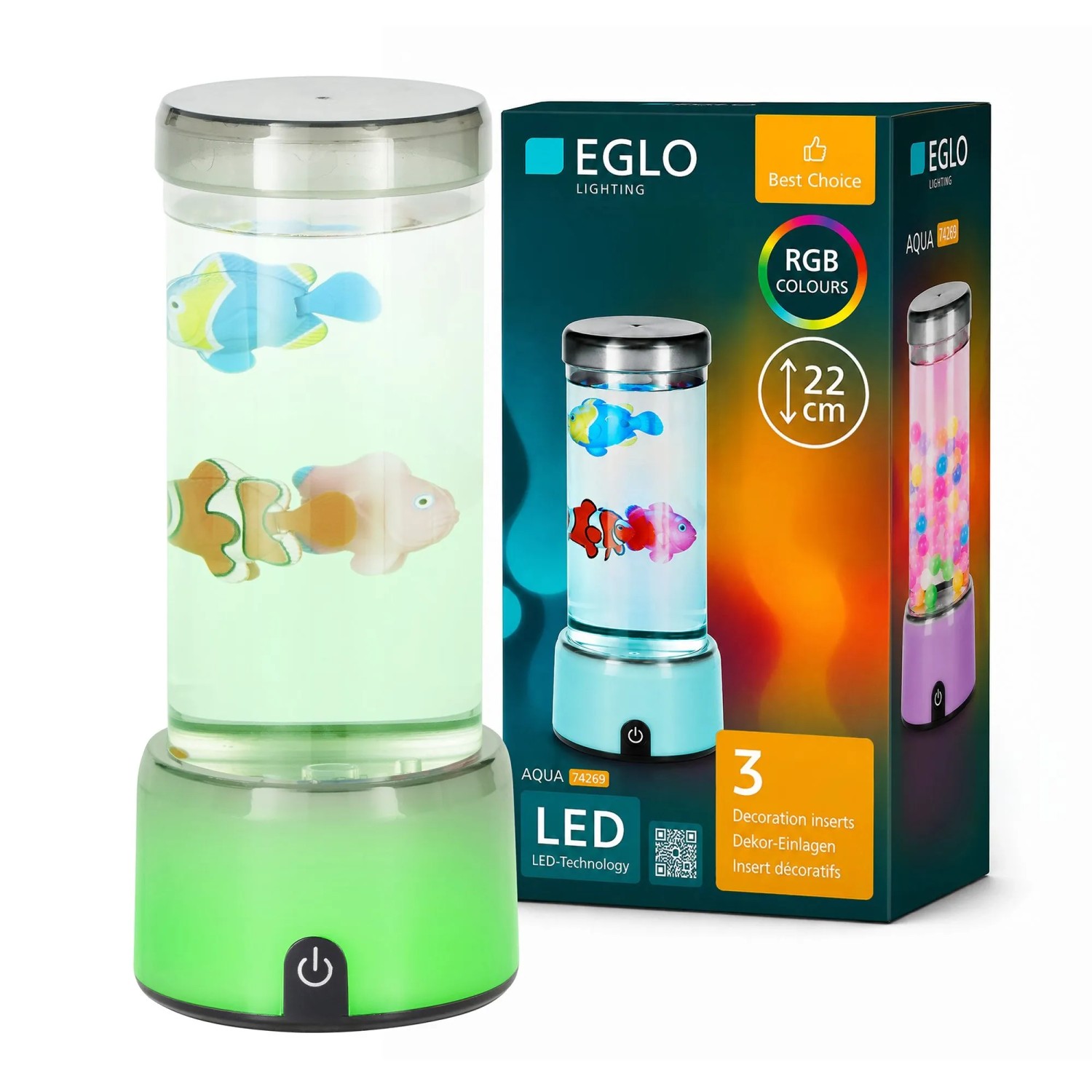 Eglo LED-Wasserleuchte Aqua mit schwebenden Fischen, RGB-Beleuchtung, silber-transparent. Ideal als LED-Tischleuchte.