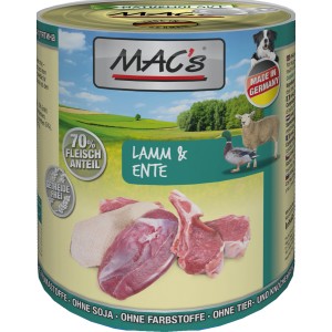 Mac's Hunde-Nassfutter Lamm & Ente, getreidefrei, hoher Fleischanteil. Dose mit Fleischstücken.