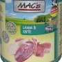 Mac's Hunde-Nassfutter Lamm & Ente, getreidefrei, hoher Fleischanteil. Dose mit Fleischstücken.