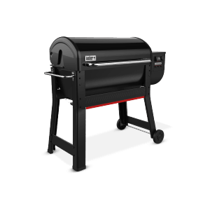 Schwarzer Weber Holzpelletgrill Smoque XL mit Deckel und Untergestell.