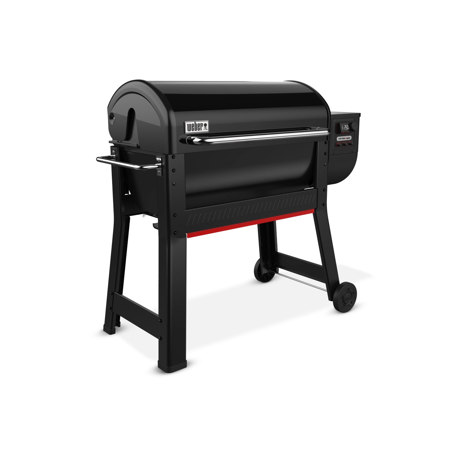 Schwarzer Weber Holzpelletgrill Smoque XL mit Deckel und Untergestell.