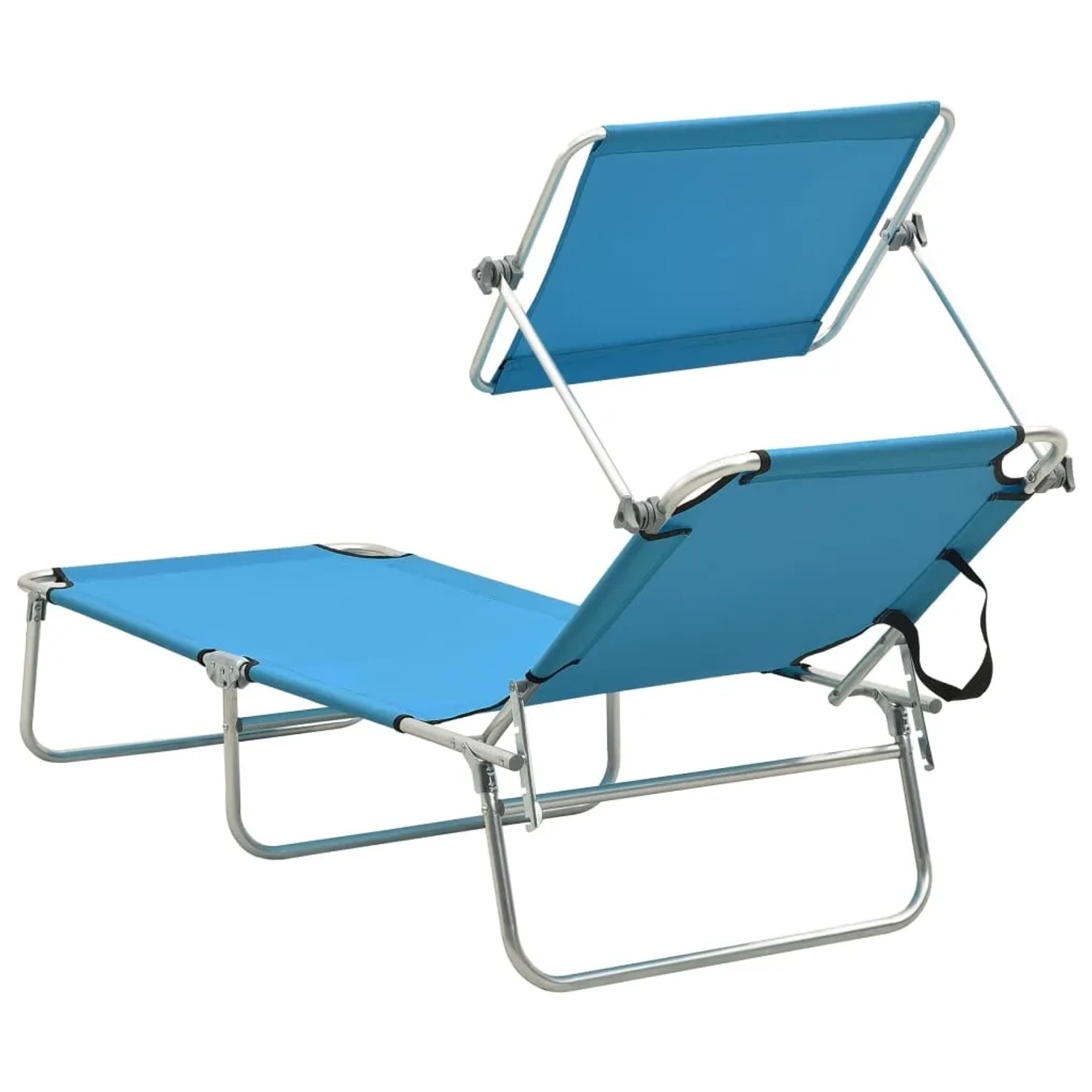 Türkisblaue Klappliege mit Sonnendach aus Stahl. Sonnenliege für Garten und Camping.