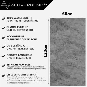 Aluverbund24 PVC Wandpaneel in Betonoptik, 60x120cm, hochglänzend. Ideal als Dusch- oder Küchenrückwand.