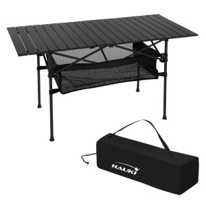 Schwarzer, faltbarer Hauki Campingtisch aus Aluminium mit Tragetasche und Stauraum.