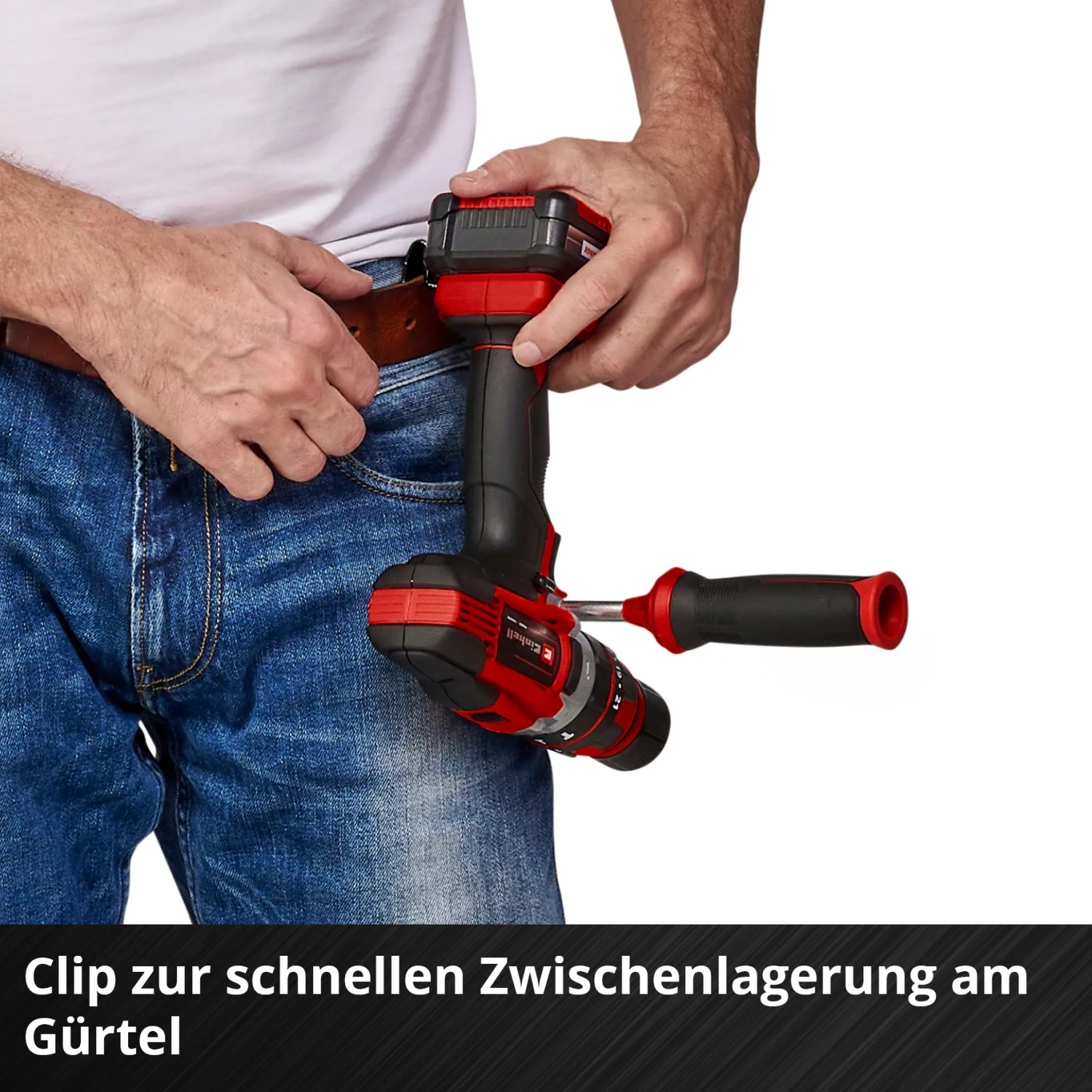 Einhell Akku-Schlagbohrschrauber TE-CD 18/48 Li-i-Solo mit Gürtelclip für schnellen Zugriff.