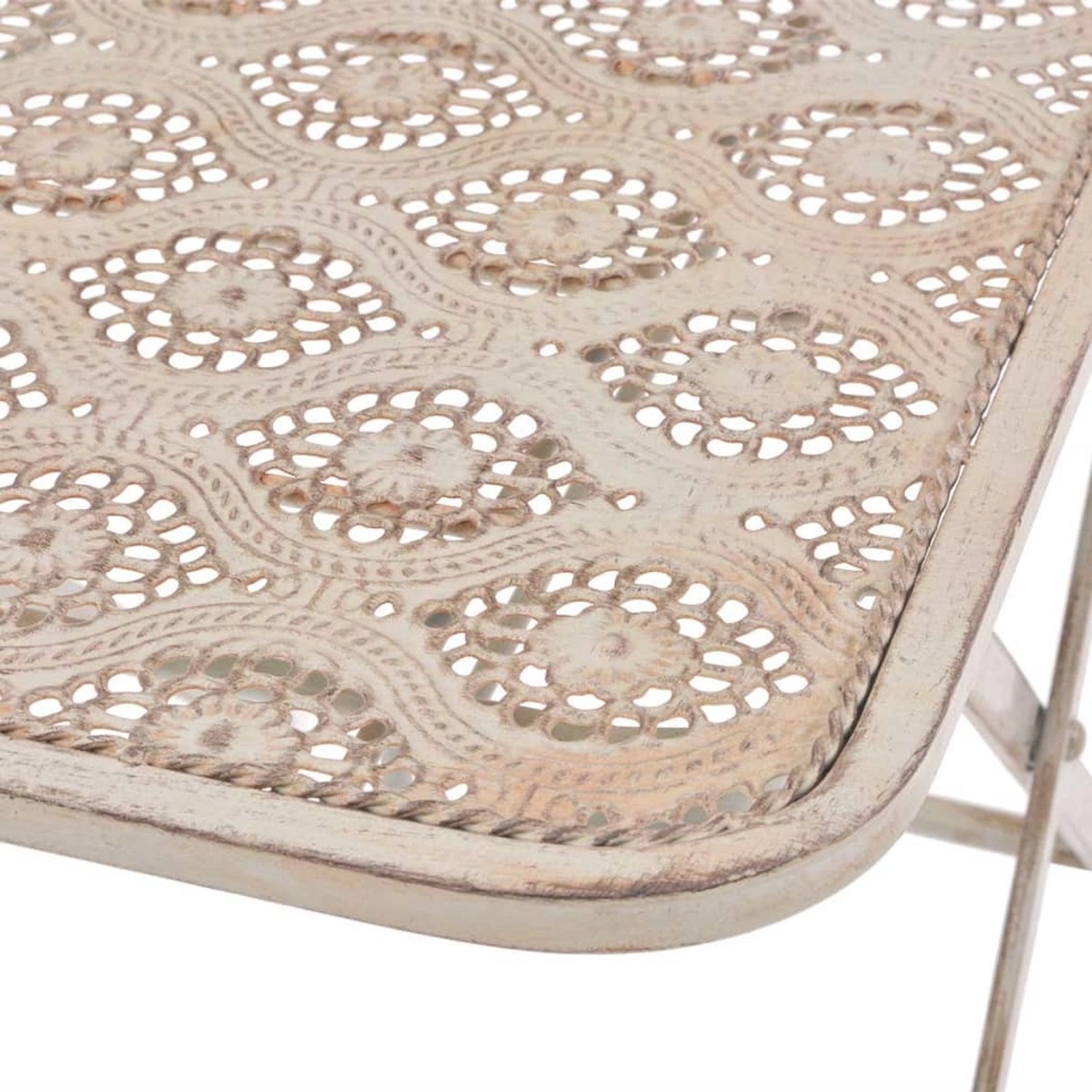 Detailansicht: Weißes vidaXL Bistro-Set mit floralem Muster, Stahl. Gartenmöbel.