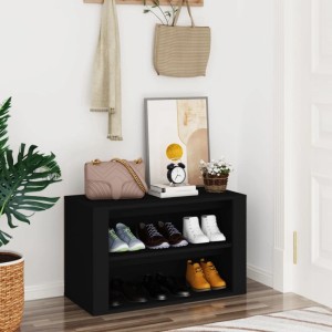 Schwarzes vidaXL Schuhregal (75x35x45 cm) aus Holzwerkstoff mit zwei Fächern und Schuhen.