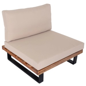MCW Lounge-Sessel H54 mit hellbraunem Akazienholzgestell, schwarzen Metallbeinen und beigen Polstern. Gartenstuhl.