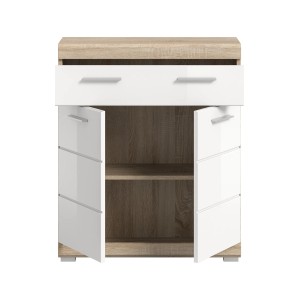 OBI Bad-Standschrank Lambada, Eiche hell/weiß hochglanz, mit 2 Türen und Schublade, 88x74 cm.