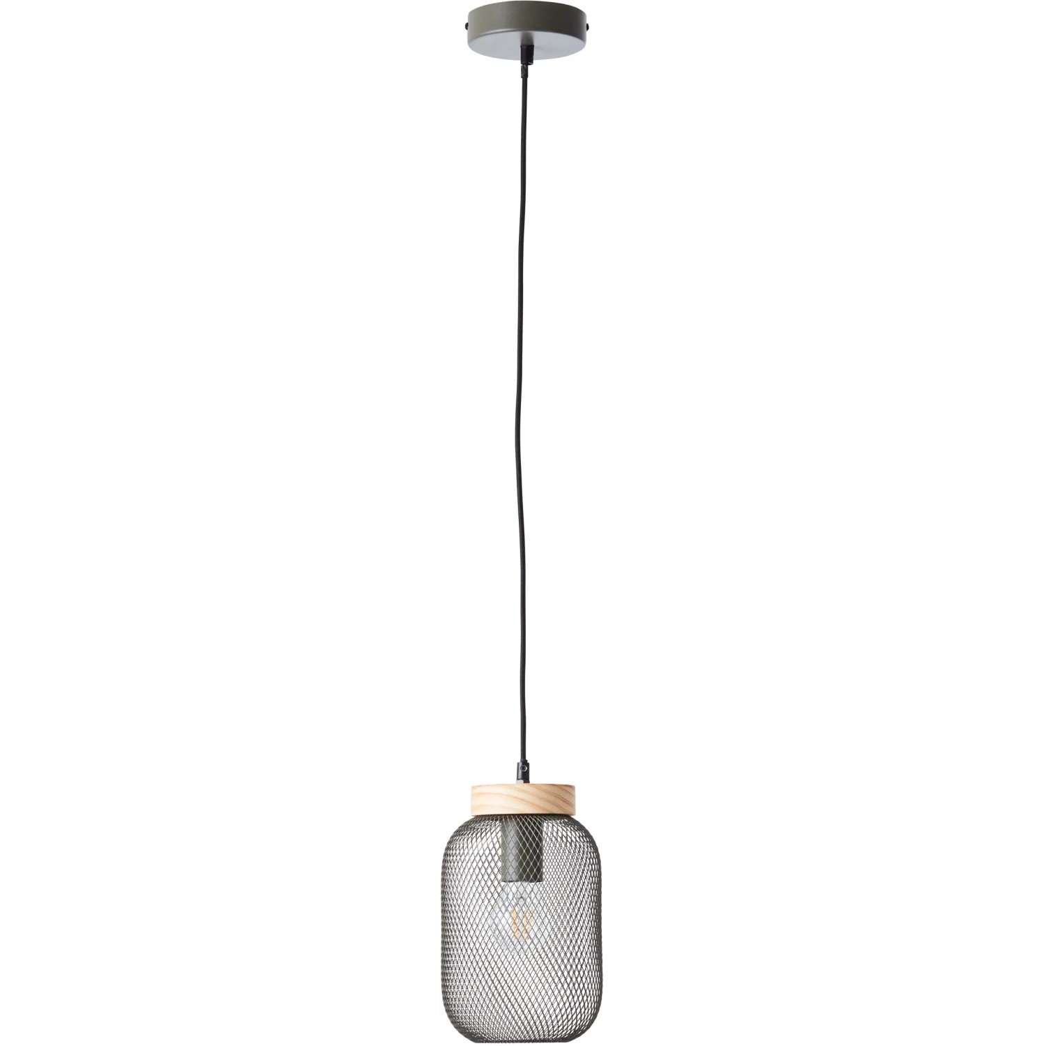Olivgrüne Brilliant Pendelleuchte Giada, Ø 16 cm, mit Metallgitter und Holzelement.