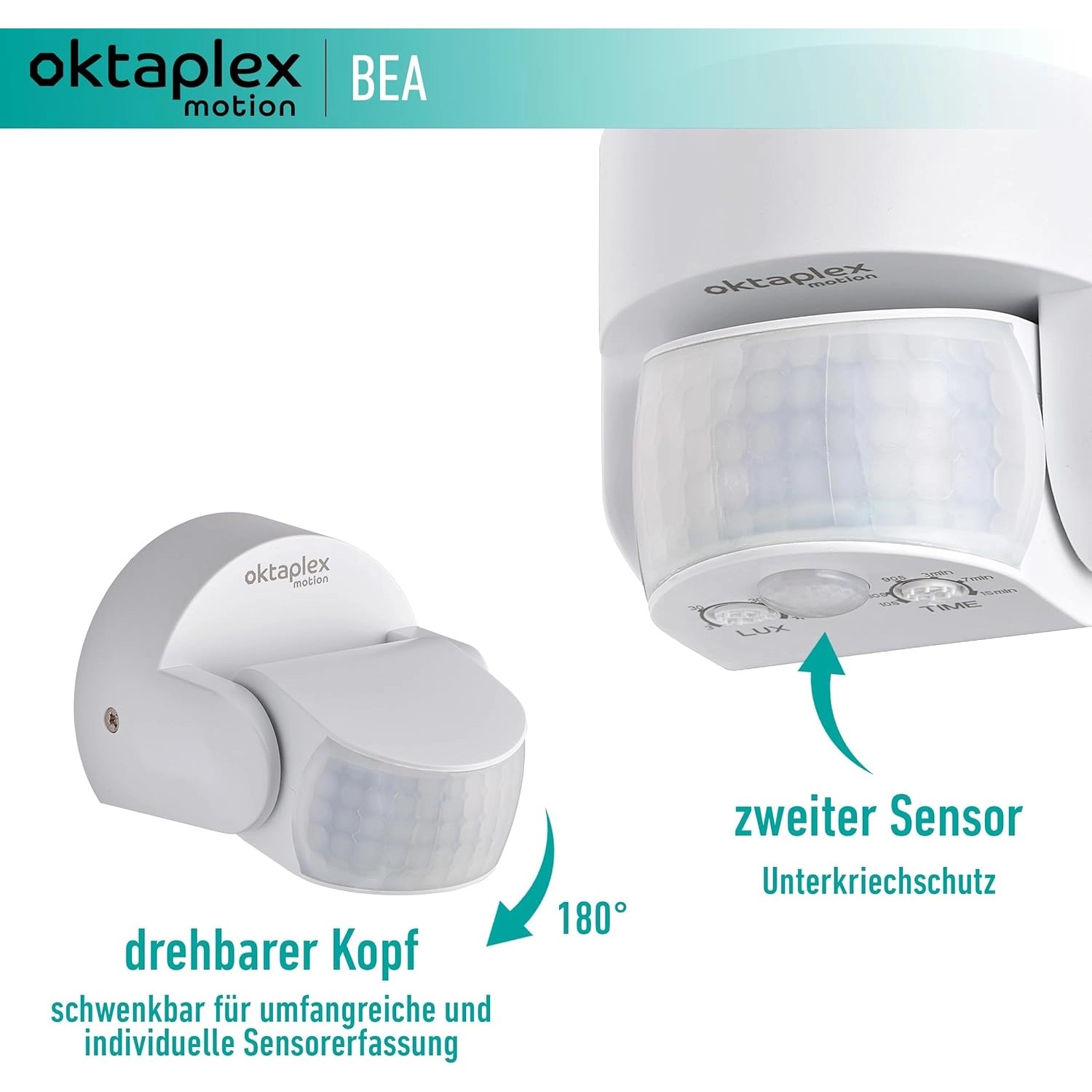 2er Set Oktaplex Bewegungsmelder für Außen, 180° schwenkbar, 12m Reichweite, weiß.