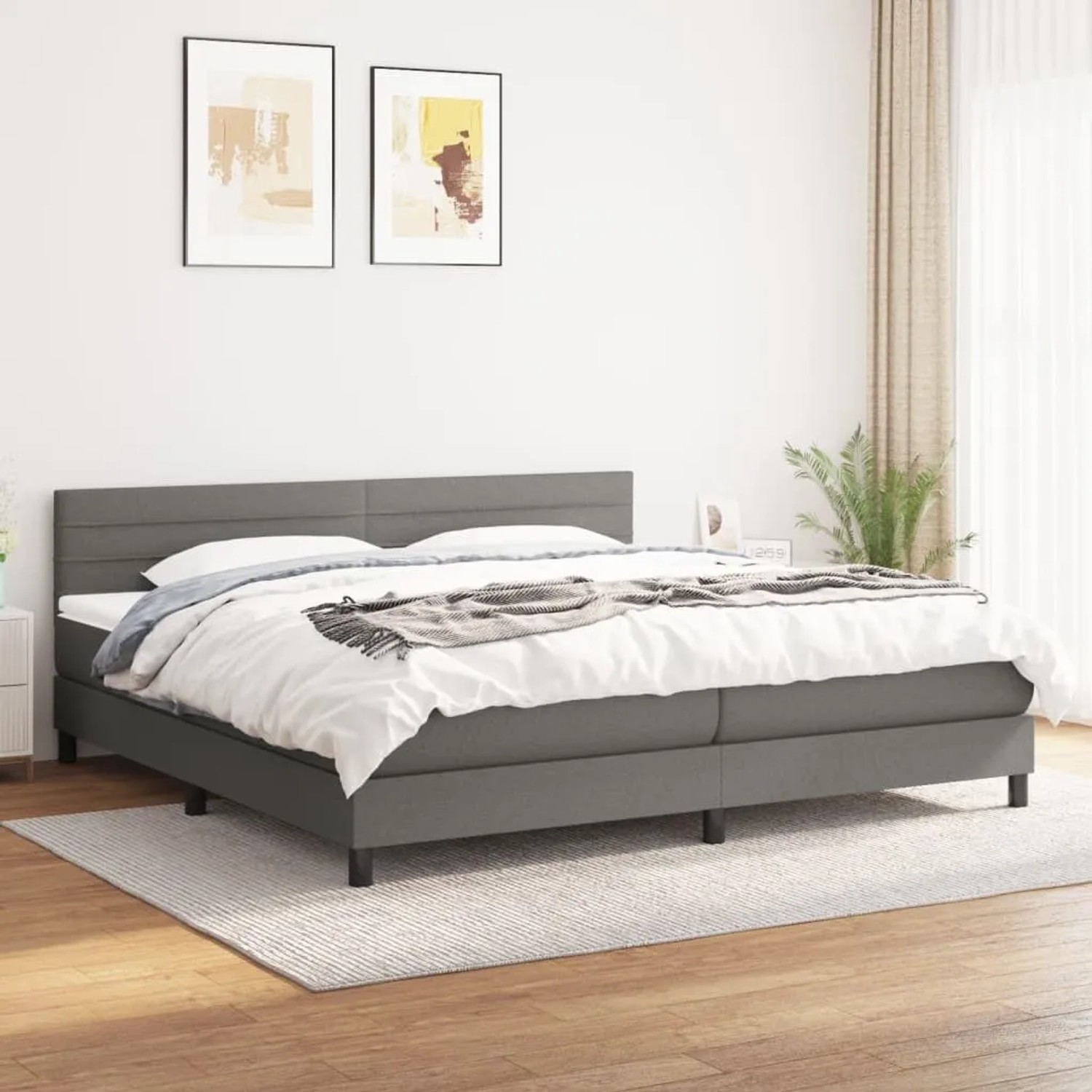 Dunkelgraues vidaXL Boxspringbett 200x200 cm mit Matratze und Kopfteil im Schlafzimmer.
