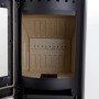Schwarzer Aduro 9.3 Kaminofen aus Stahl, 6 kW, mit geöffneter Tür und Brennraum.