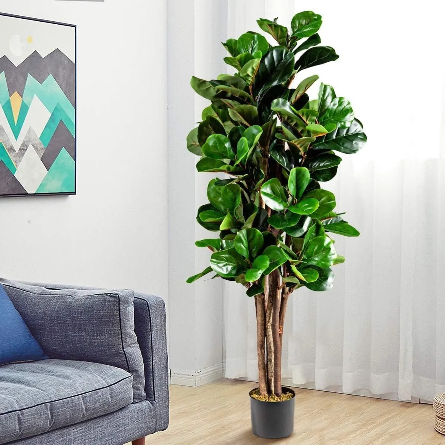 Künstlicher Feigenbaum 120 cm, grüne Blätter, braune Stämme, schwarzer Topf. Realistische Kunstpflanze für Zuhause/Büro.