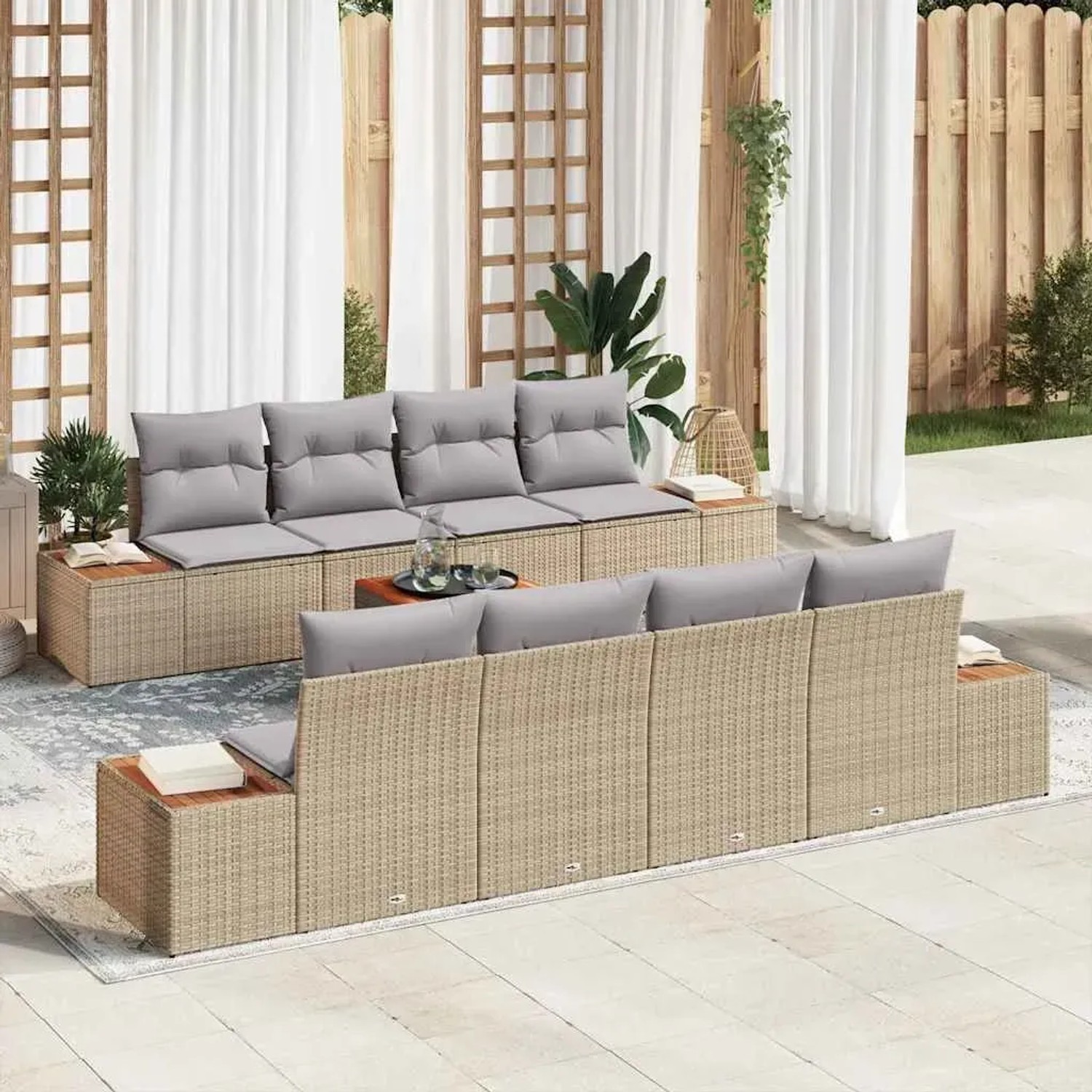 Beiges 9-teiliges vidaXL Garten-Sofa-Set aus Poly Rattan mit Kissen für Terrasse und Garten.