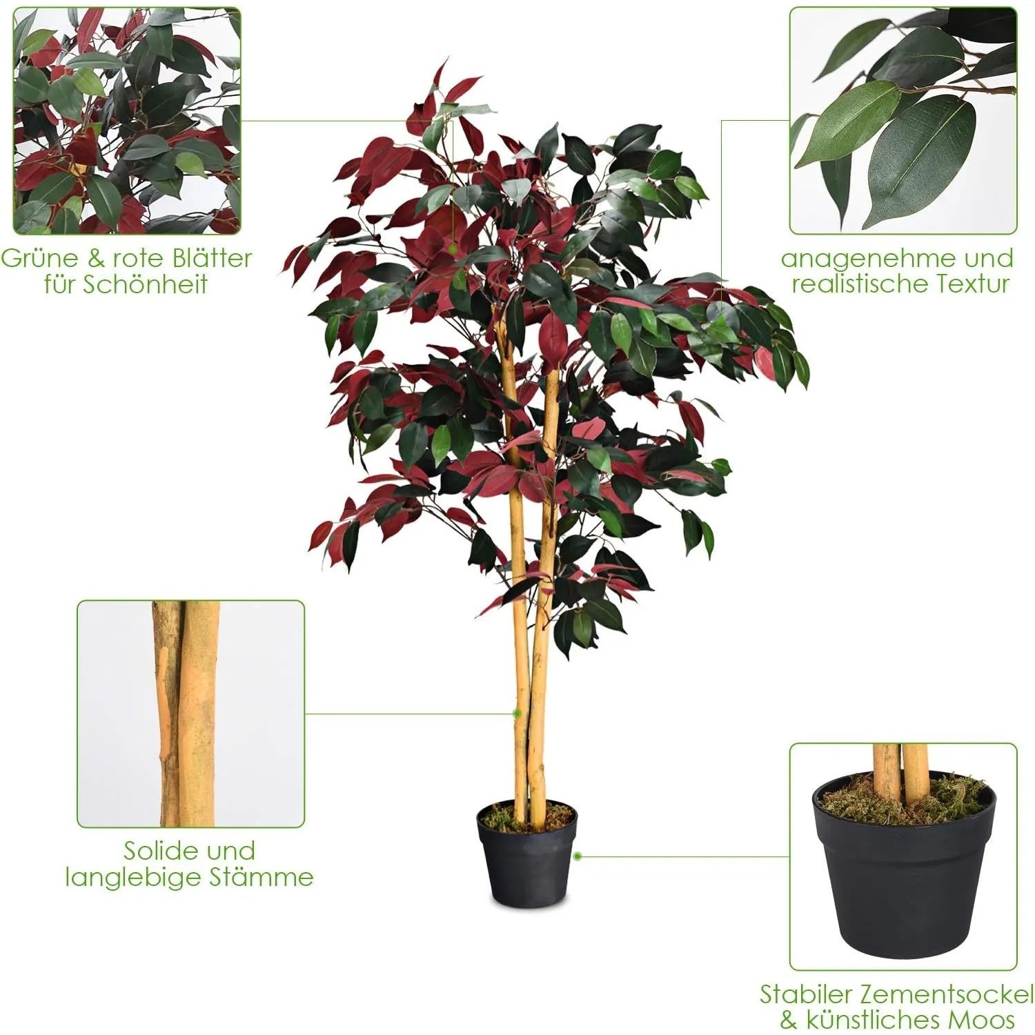 Hohe Costway Kunstpflanze Ficus, 120cm, mit grünen und roten Blättern, stabilen Stämmen und schwarzem Topf mit Moos. Ideal für Büro, Zuhause.