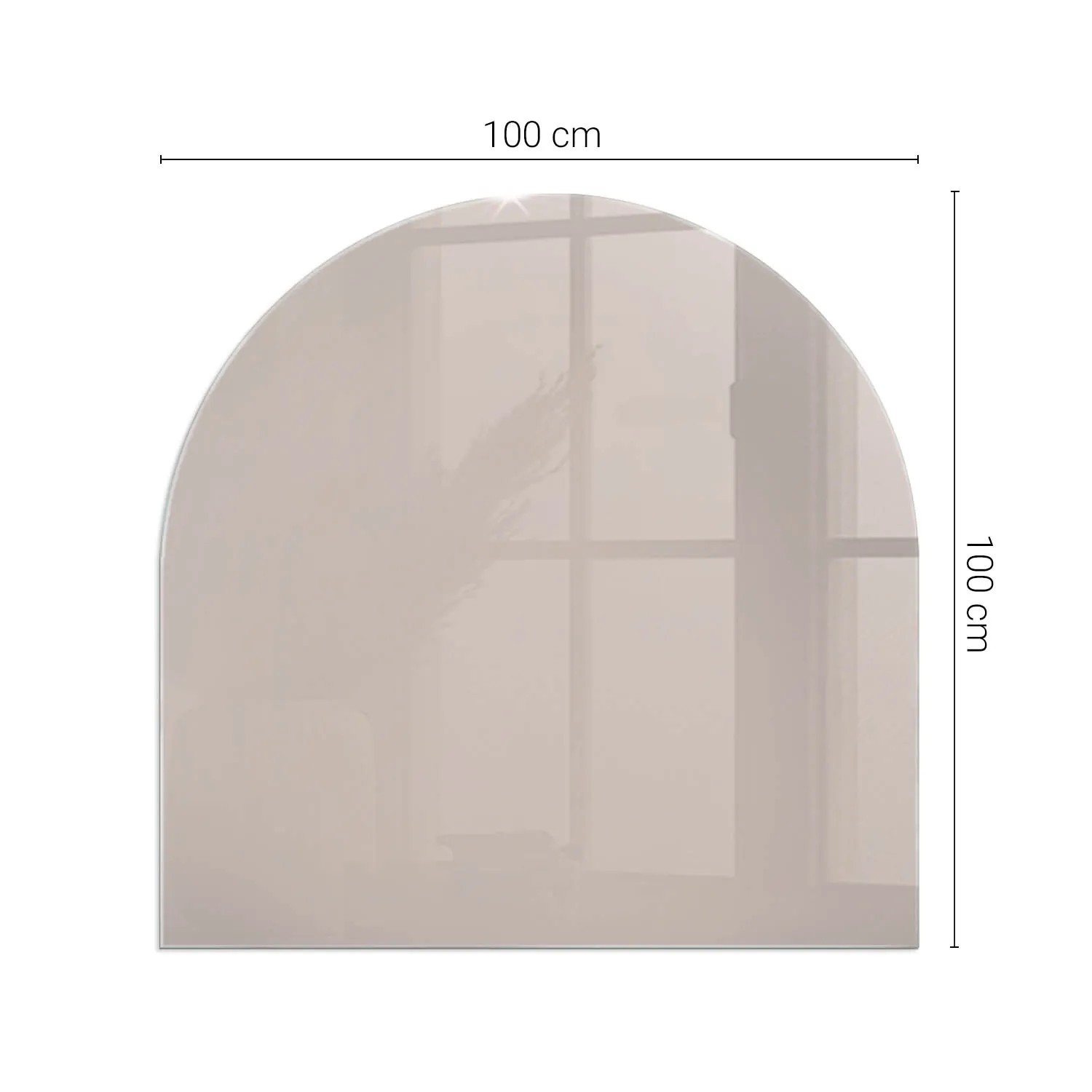 Beige Tulup Glasplatte, halbkreisförmig, 100x100 cm, als Bodenschutz für Kamin & Kaminofen Zubehör.