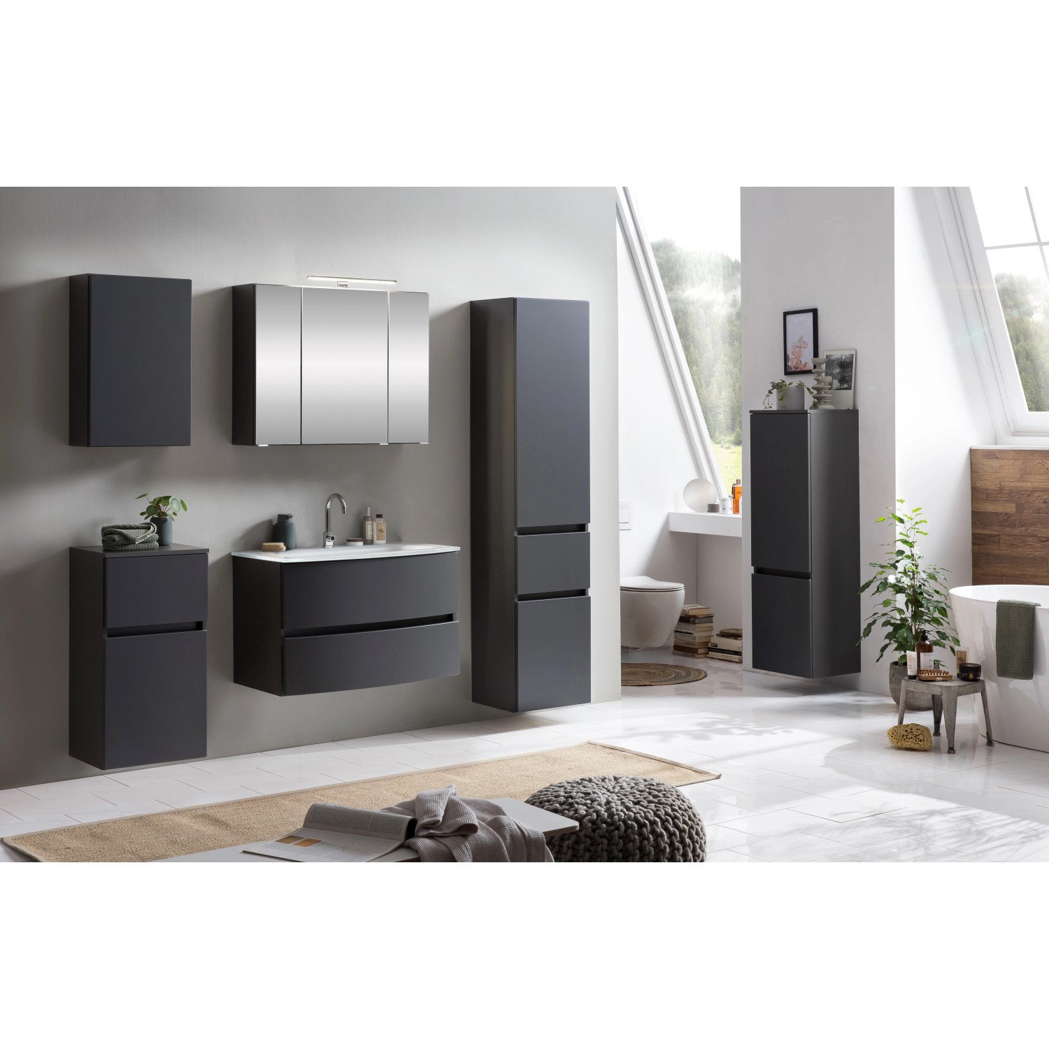 Badezimmer-Set mit Held Möbel Einzelwaschtisch Salerno 80 cm in Grau Matt mit Softclose und weiteren Badmöbeln.