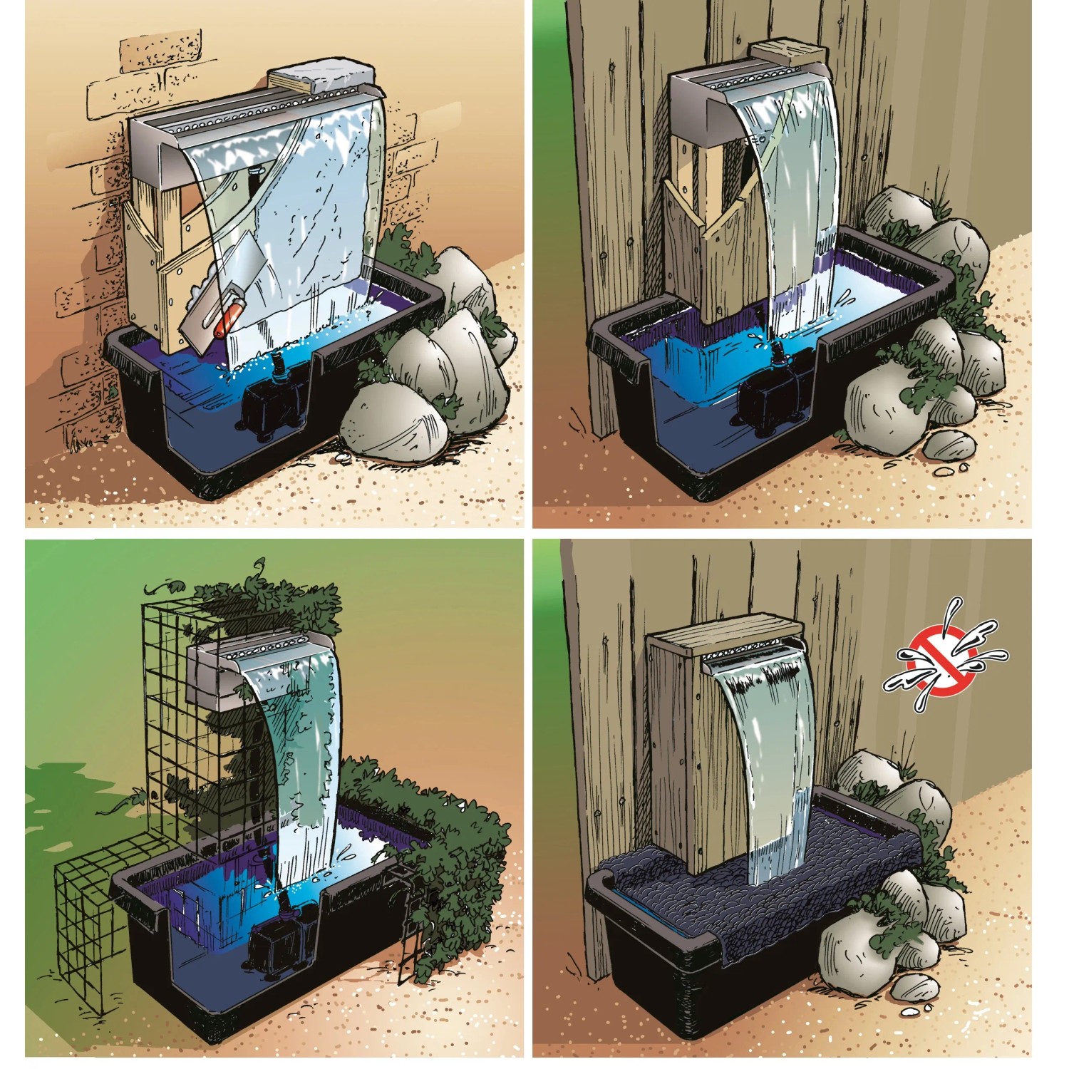 Ubbink Niagara LED Wasserfall-Set mit Pumpe und Becken, verschiedene Installationsmöglichkeiten.