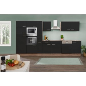 Respekta Küchenzeile KB370EYSMIGKE, 370 cm, Schwarz/Eiche-York Nachbildung, mit E-Geräten.