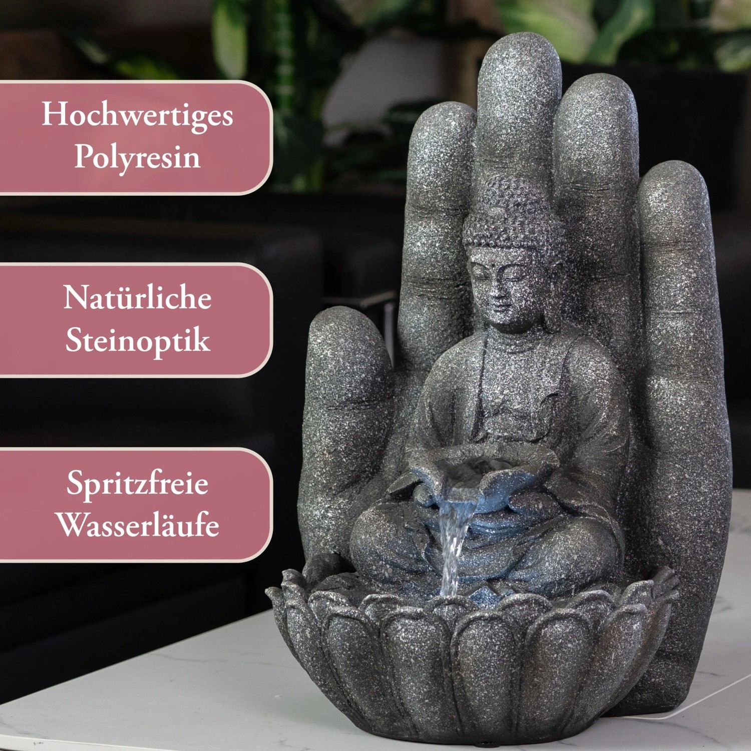 Intergarden Wasserspiel Zimmerbrunnen Mittelgroß Buddha 55cm mit Beleuchtung Schwarz_5