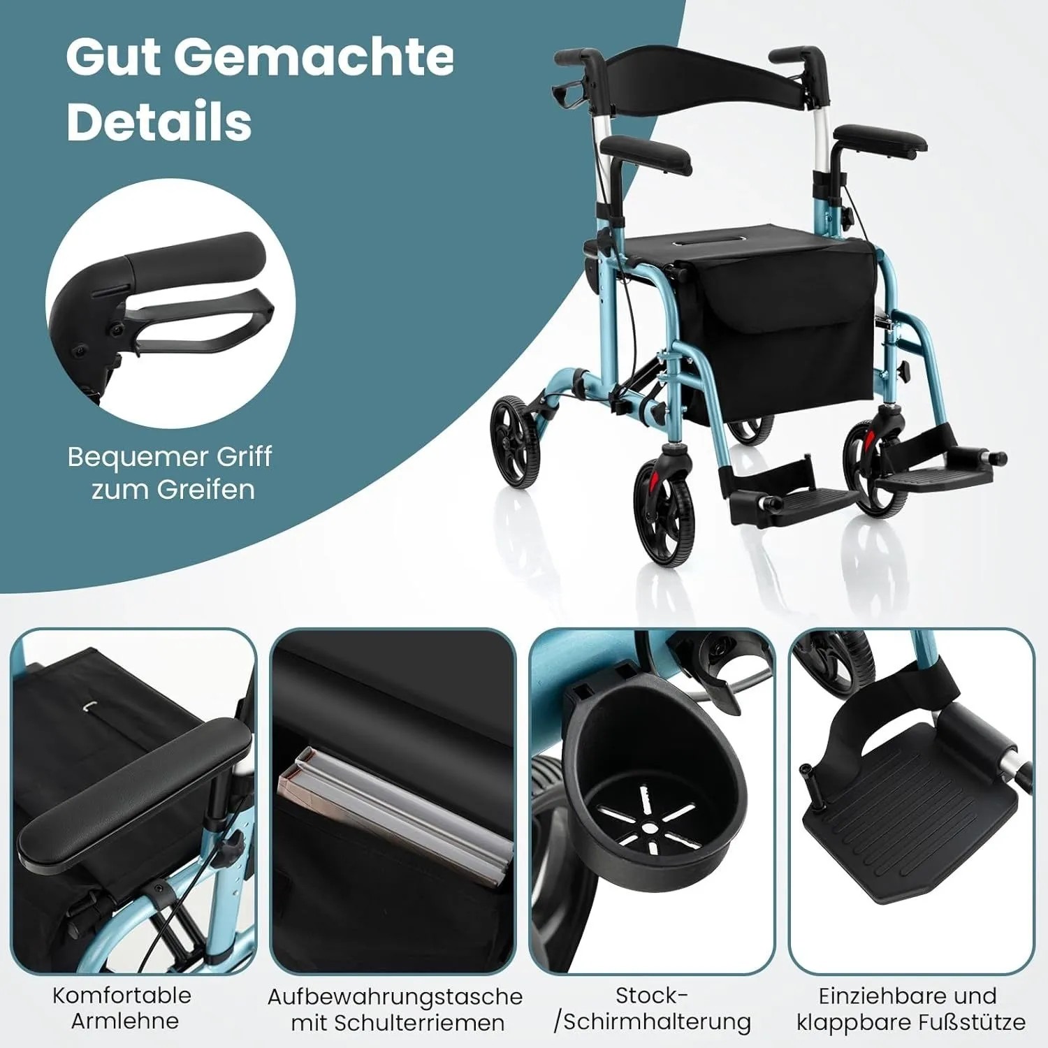 Costway Rollator Faltbar & Leicht Gehhilfe 6-Fach Höhenverstellbar Blau_4