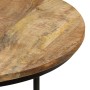 Runde Beistelltisch-Platte aus rohem Mangoholz mit natürlicher Maserung und schwarzem Metallrand.
