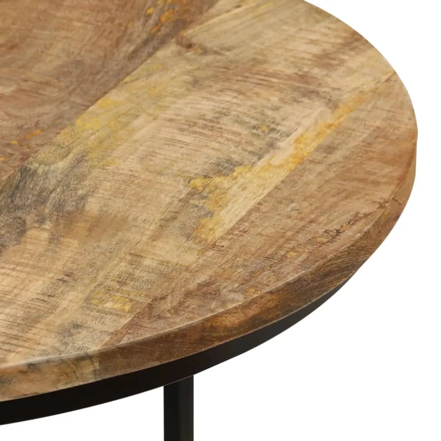 Runde Beistelltisch-Platte aus rohem Mangoholz mit natürlicher Maserung und schwarzem Metallrand.