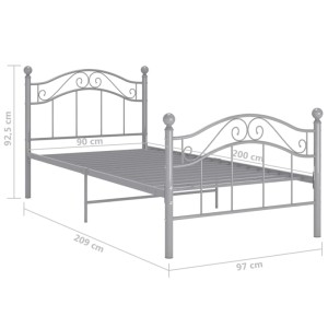 Graues vidaXL Metallbett 90x200 cm. Einzelbettgestell mit dekorativem Kopfteil und Fußteil.