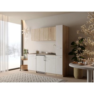 Respekta Ingrid Singleküche 180 cm in Weiß/Eiche. Moderne Küchenzeile mit Kochfeld, Spüle, Kühlschrank und Apothekerschrank.