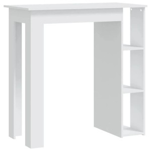 Weißer Bartisch aus Holzwerkstoff mit integriertem Regal und drei Ablagen. Modernes Design für Küche/Essbereich.