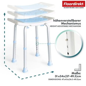 Floordirekt Duschhocker Nora, weiß-hellblau, höhenverstellbar mit Aluminiumrahmen und rutschfesten Füßen für Bad & Dusche.