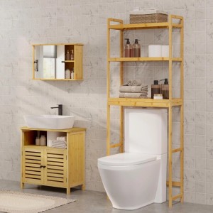 EUGAD Bambus Toilettenregal mit 3 Ablagen über WC. Bietet Stauraum für Handtücher und Badartikel. Naturfarben.