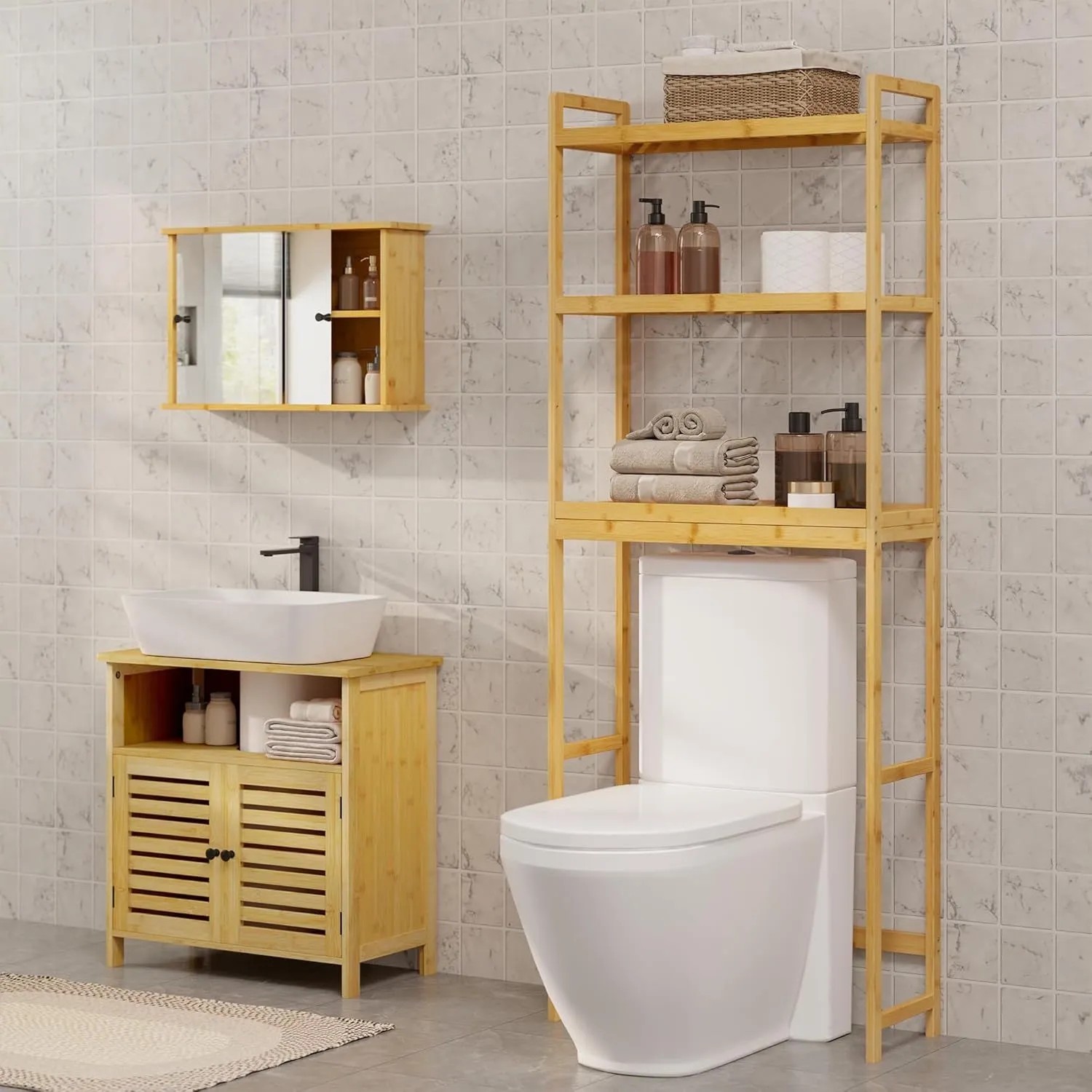 EUGAD Bambus Toilettenregal mit 3 Ablagen über WC. Bietet Stauraum für Handtücher und Badartikel. Naturfarben.