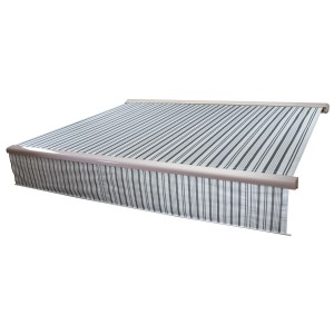 MCW Kassettenmarkise 5x3m, grau/weiß gestreift mit Volant. Vollkassettenmarkise für Terrasse und Balkon.